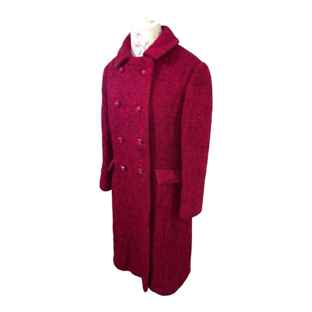 Rare Vintage 1960 Bromleigh NY Wool Boucle Deep 🍷 Double Breasted Coat SZ M - Picture 4 of 14